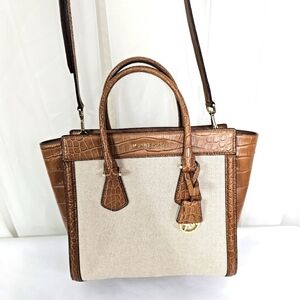 Michael Kors Colette Beige Canvas and camel brown crocodile top zip bag